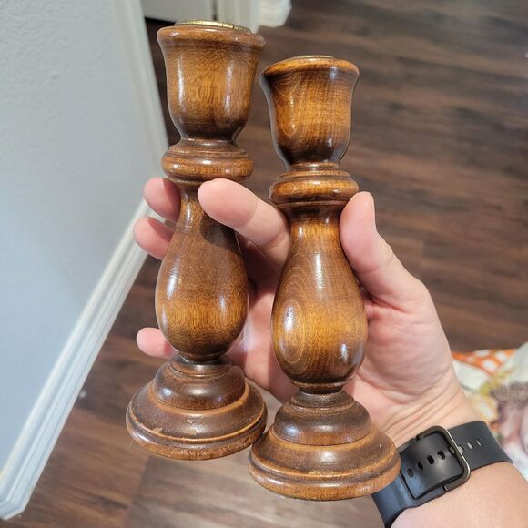 Vtg pair of hand turned candlestick holders 7" tall - Picture 1 of 10